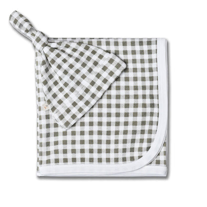Organic Swaddle Blanket & Hat Set - Olive Gingham