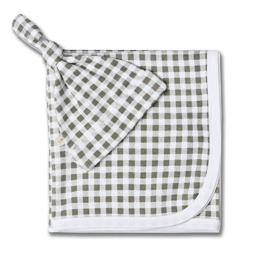 Organic Swaddle Blanket & Hat Set - Olive Gingham
