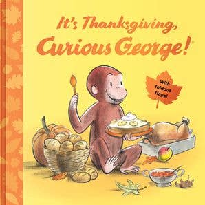 Front cover of It’s Thanksgiving, Curious George! with George holding a pie and pumpkins