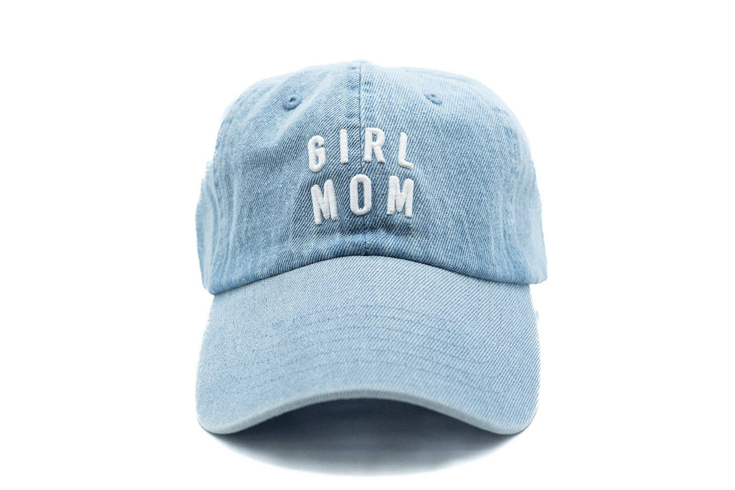 Light blue cap with 'GIRL MOM' text on a white background
