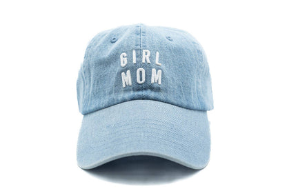 Light blue cap with 'GIRL MOM' text on a white background