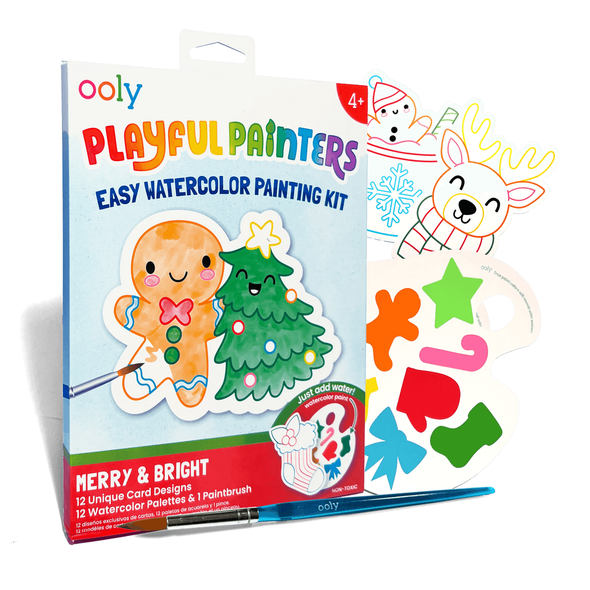 Merry and Bright Playful Painters watercolor kit with gingerbread and tree paint cards