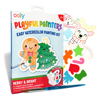 Merry and Bright Playful Painters watercolor kit with gingerbread and tree paint cards