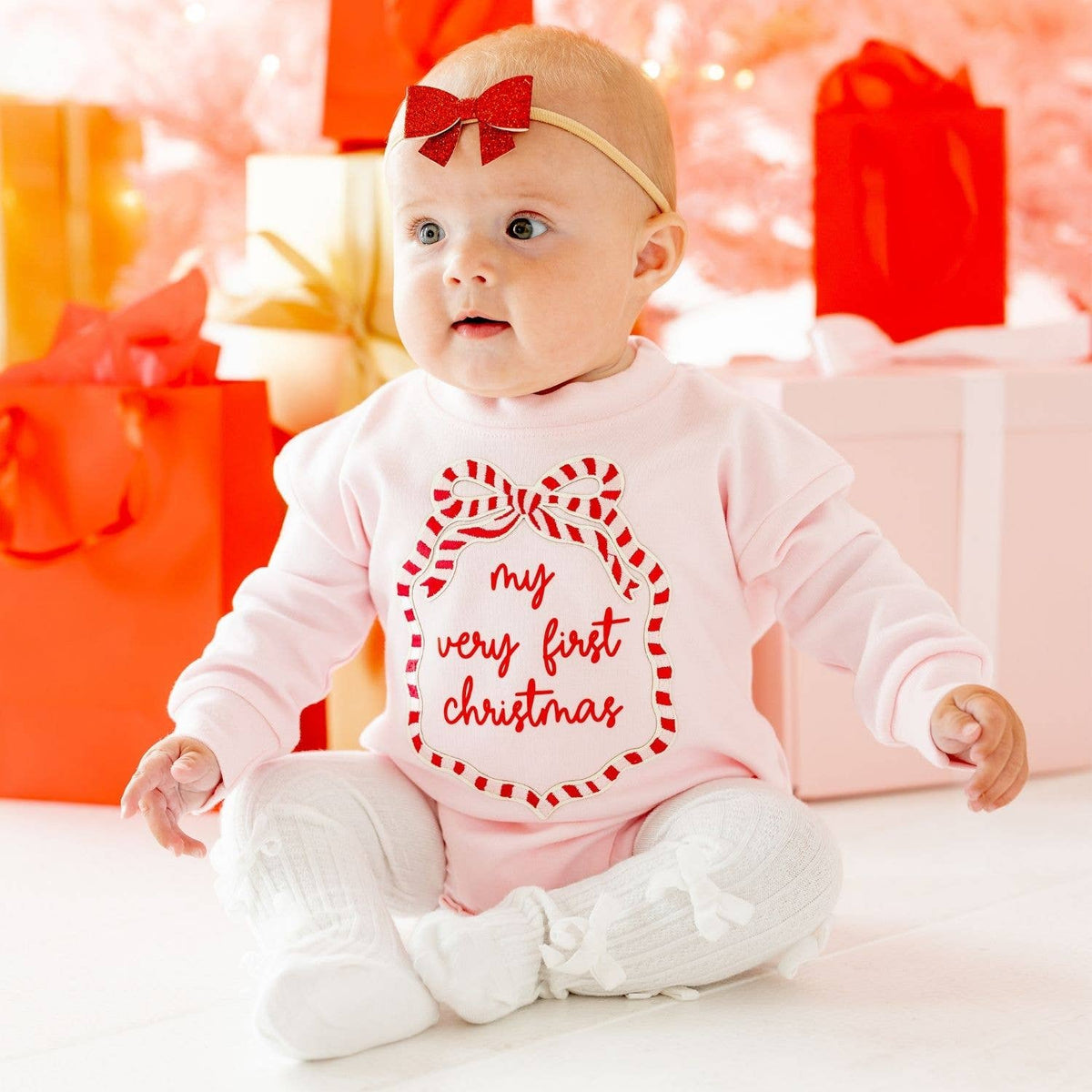My First Christmas Sequin Bow Patch Long Sleeve Romper - view 3
