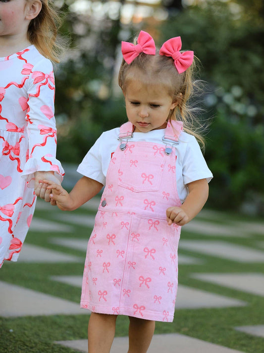 Pink Bow Denim Overall Dress