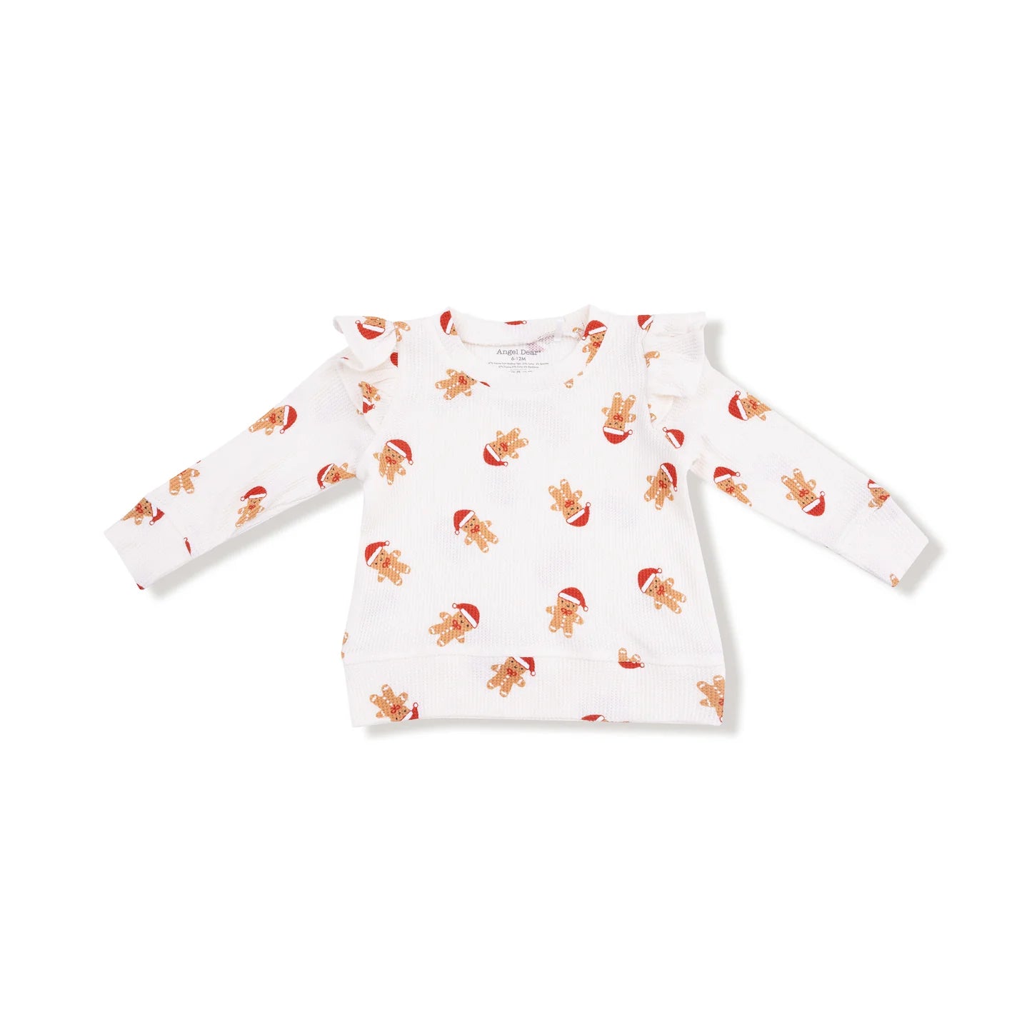 White long-sleeve shirt with gingerbread man pattern on a white background