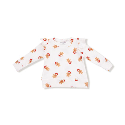 White long-sleeve shirt with gingerbread man pattern on a white background