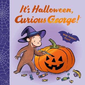 Front cover of It’s Halloween, Curious George! with George in a witch hat carving a jack-o-lantern