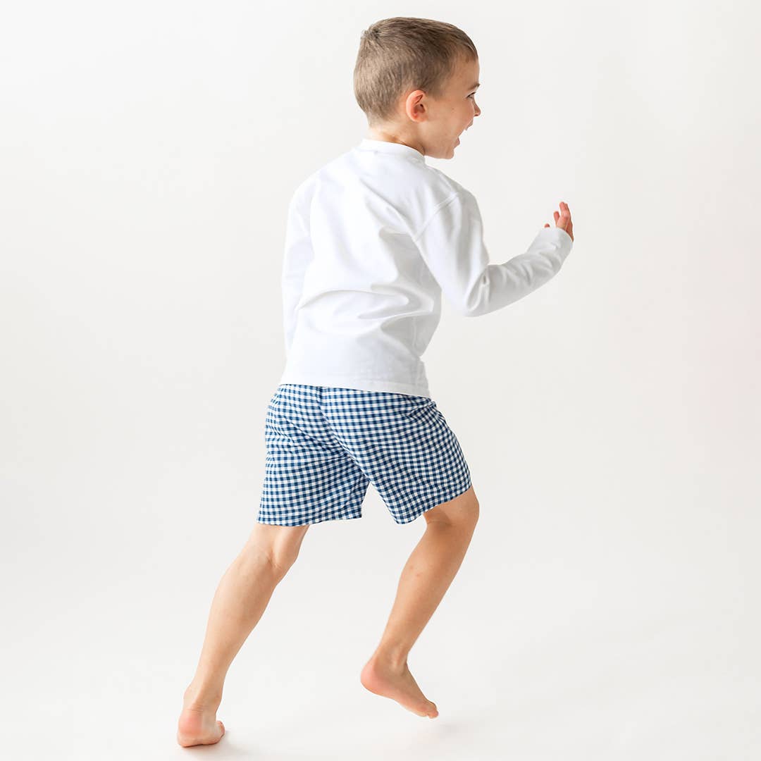 Navy Gingham Swim Trunks