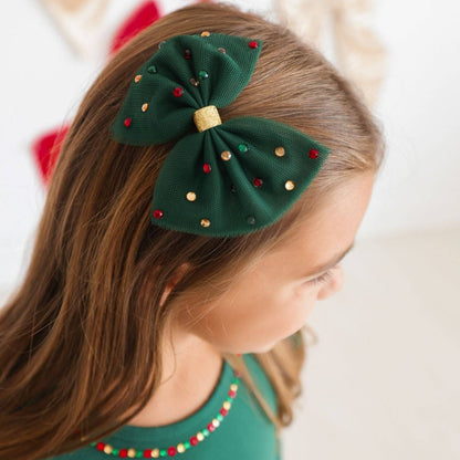 Emerald Rhinestone Christmas Tulle Bow Clip - view 4
