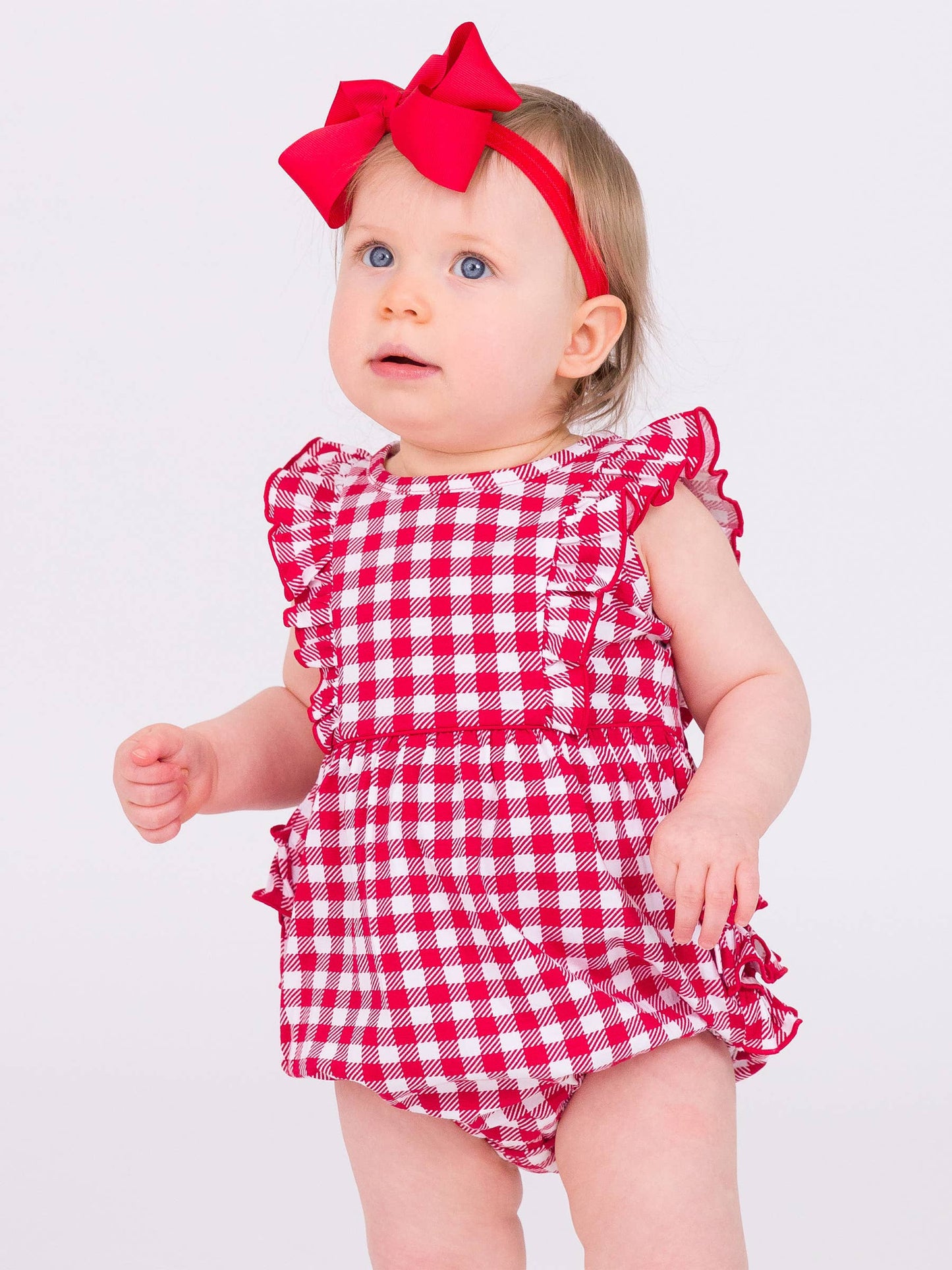 Baby Girls Red Gingham Knit Sleeveless Waterfall Romper
