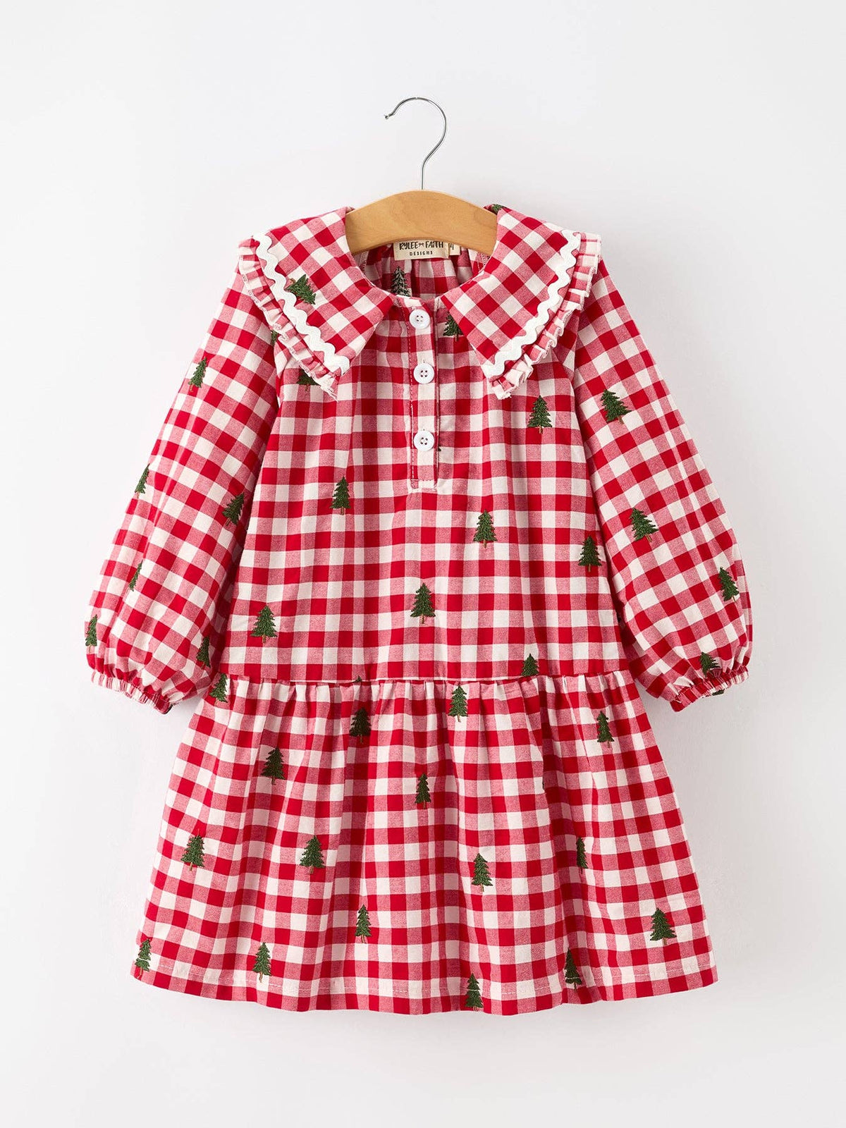 Christmas Tree Embroidered Plaid Girls Ruffle Collar Dress