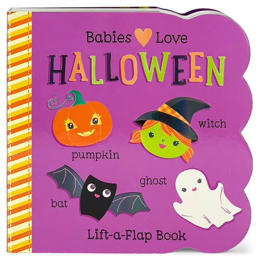 Front cover of the Cottage Door Press Babies Love Halloween lift-a-flap board book with a pumpkin, witch, bat and ghost