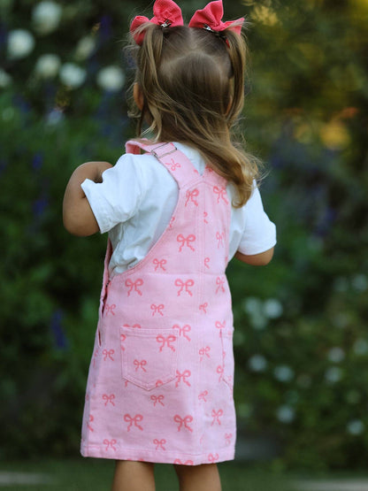 Pink Bow Denim Overall Dress