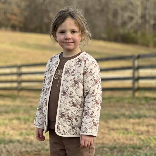 Makemake Organics Quilted Buttoned Jacket in Wildrose print