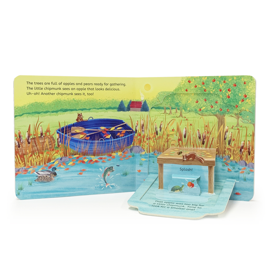 Inside spread of the Cottage Door Press Autumn in the Forest board book with a pond pop-up and lifted flaps