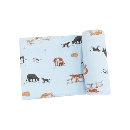 Bamboo Swaddle Blanket - Cow Families Blue - measuring 45X45 inches