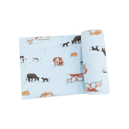 Bamboo Swaddle Blanket - Cow Families Blue - measuring 45X45 inches