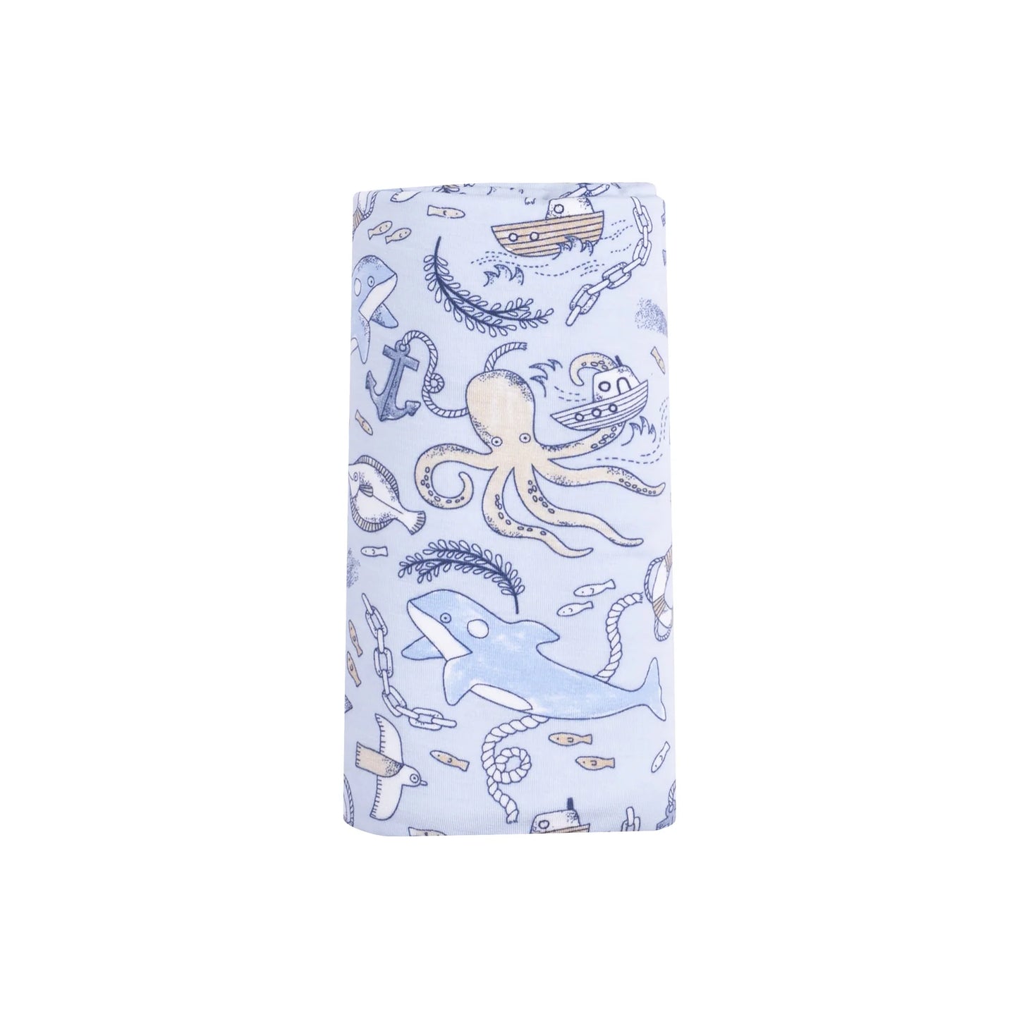 Nautical Notebook Bamboo Swaddle Blanket adorned with ocean scenes like ships, seaweed, octopus, killer whales, fish, seagulls and more! 