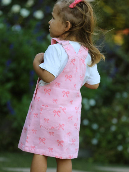 Pink Bow Denim Overall Dress
