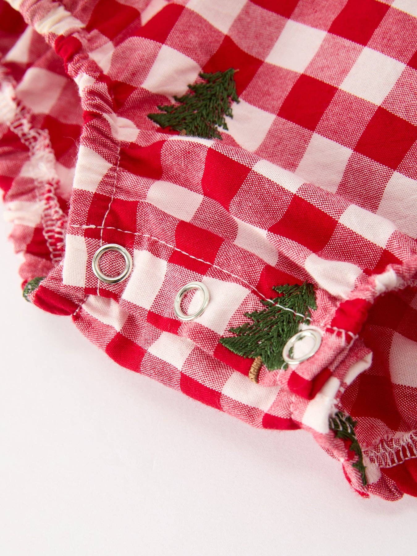 Christmas Tree Embroidered Red Plaid Ruffle Collar Romper