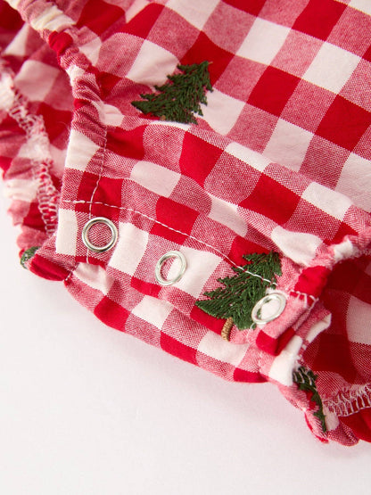 Christmas Tree Embroidered Red Plaid Ruffle Collar Romper