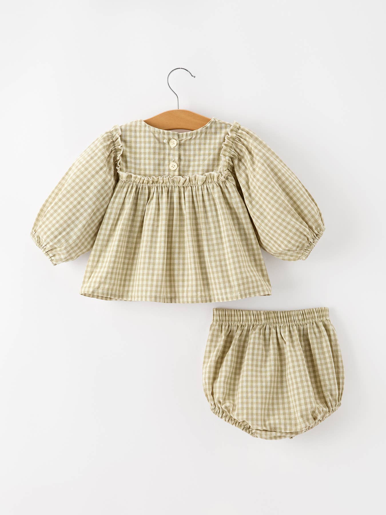 Gingham Baby Romper with Long Sleeve Puff Design