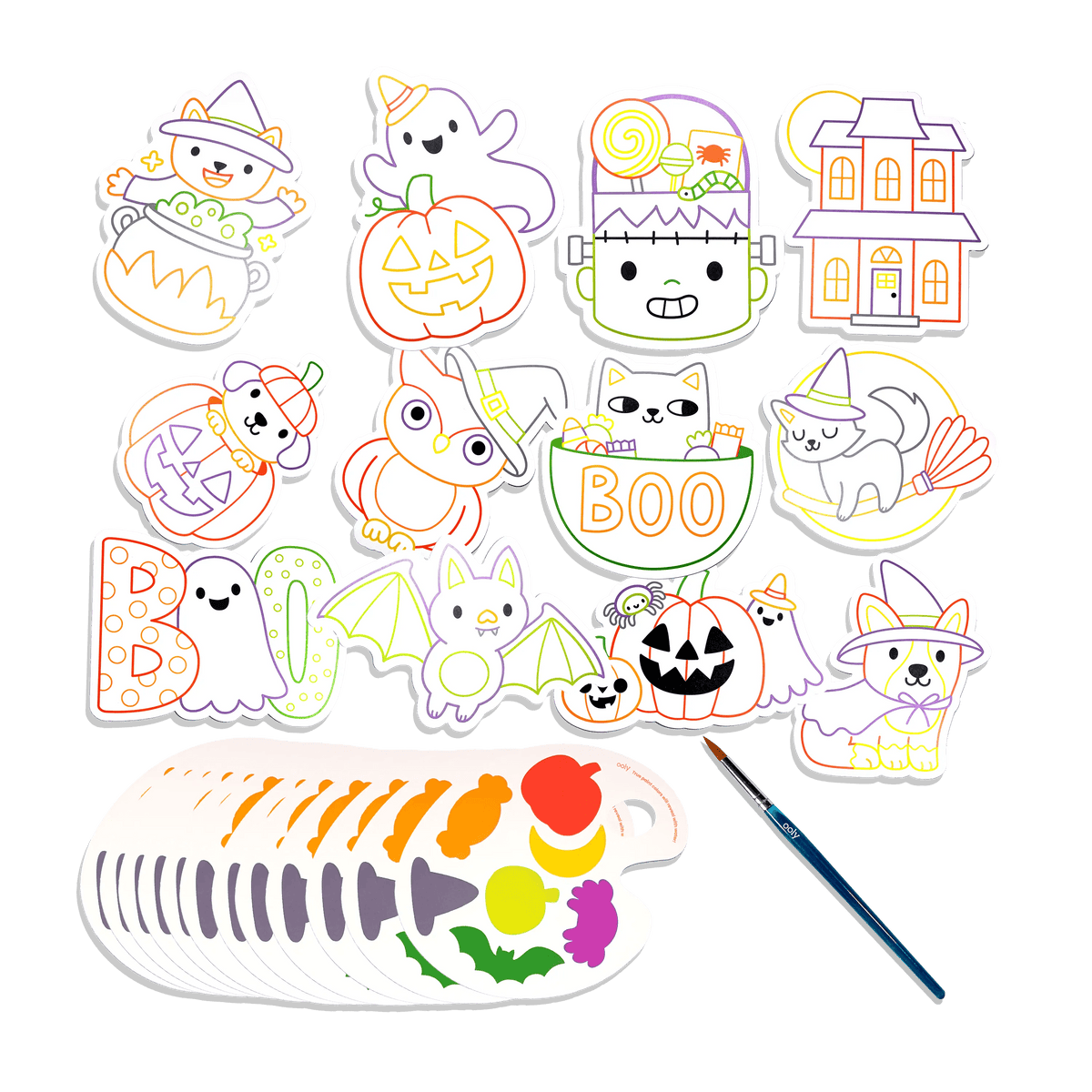 Contents of the Playful Painters Trick or Treat kit — twelve die-cut Halloween cards, watercolour paints and a brush