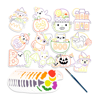 Contents of the Playful Painters Trick or Treat kit — twelve die-cut Halloween cards, watercolour paints and a brush