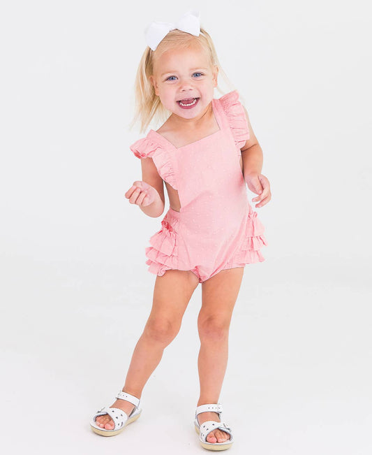 Girls Pink Embroidered Vintage Dot Flutter Overall Romper