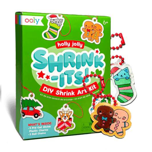 Holly Jolly mini Shrink-Its DIY shrink art kit with the finished stocking and gingerbread charms