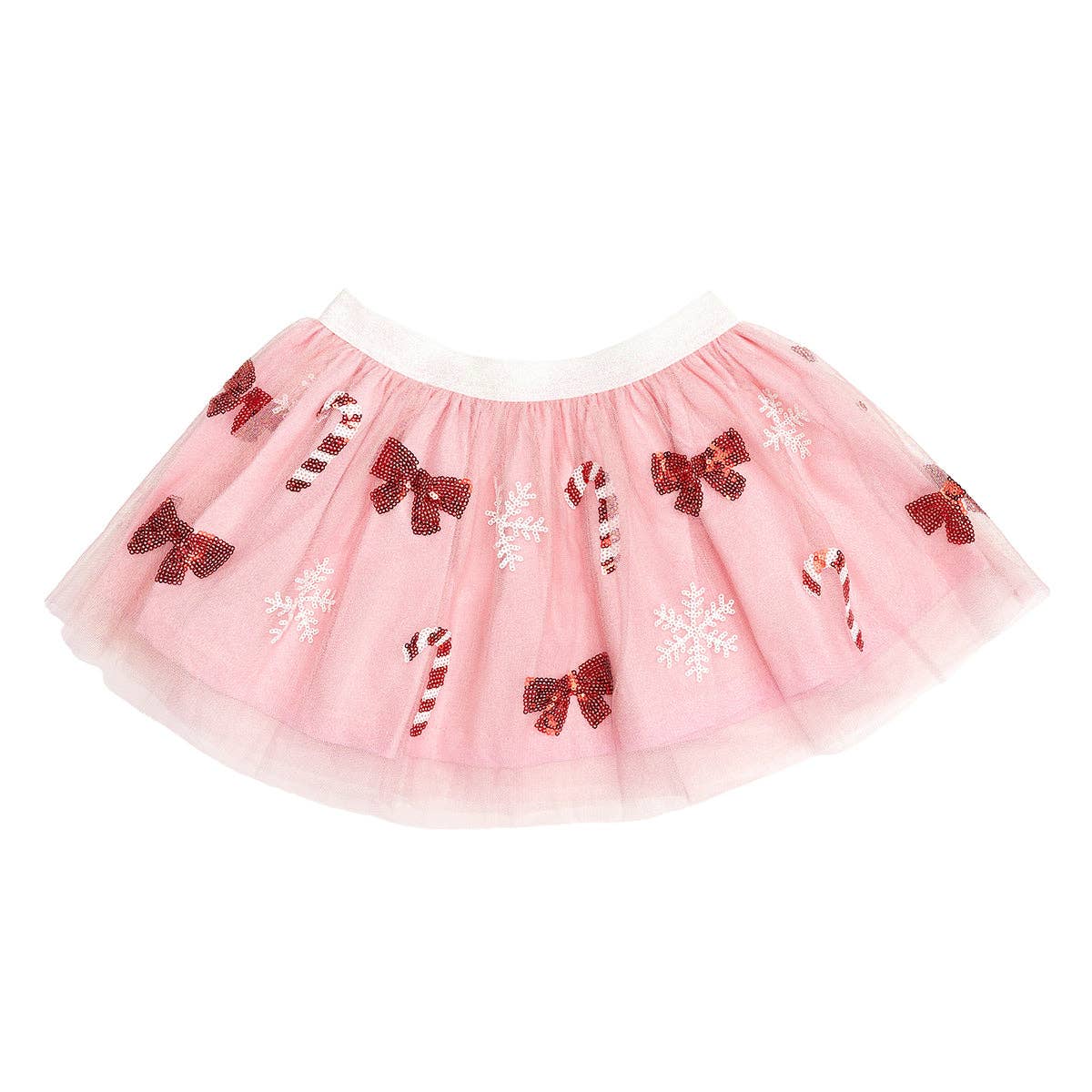 Christas Candy Cane Skirt laying flat. Light pink tulle and light pink cotton lining. Skirt adorned with red and white sequin candy canes, red sequin bows and white sequin snowflakes. White glitter waistband. 