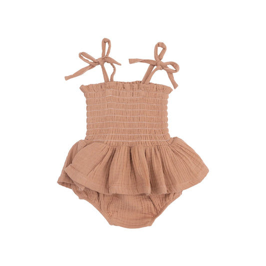Solid Muslin Camel Smocked Bubble With Skirt