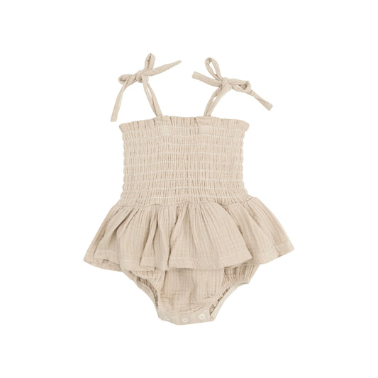 Solid Muslin Oxford Tan Smocked Bubble with Skirt