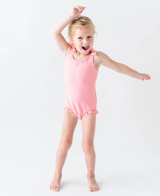 Pink Seersucker Tie Shoulder One Piece Swimsuit