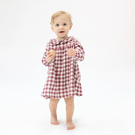 Peter Pan Collar Dress + Diaper Cover - Gingham Plum