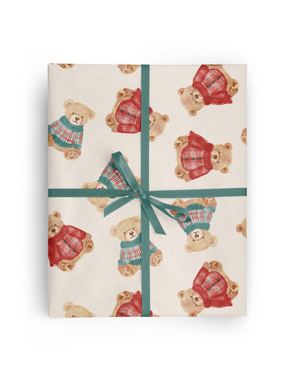 Watercolor Christmas Bear in Plaid Sweaters Wrapping Paper