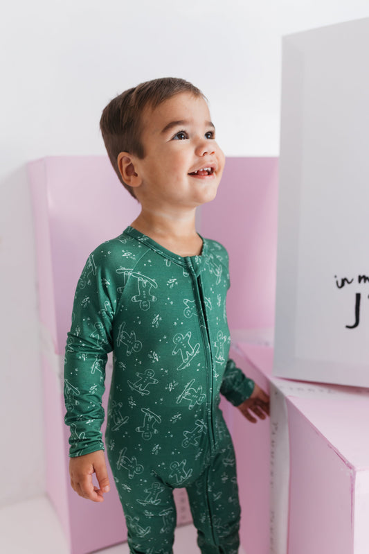 Skater Gingerbread Man army green bamboo zipper romper by In My Jammers - view 1