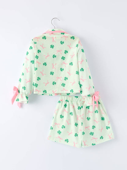St. Patrick's Day Bow Shamrock Ruffles Pajama Set