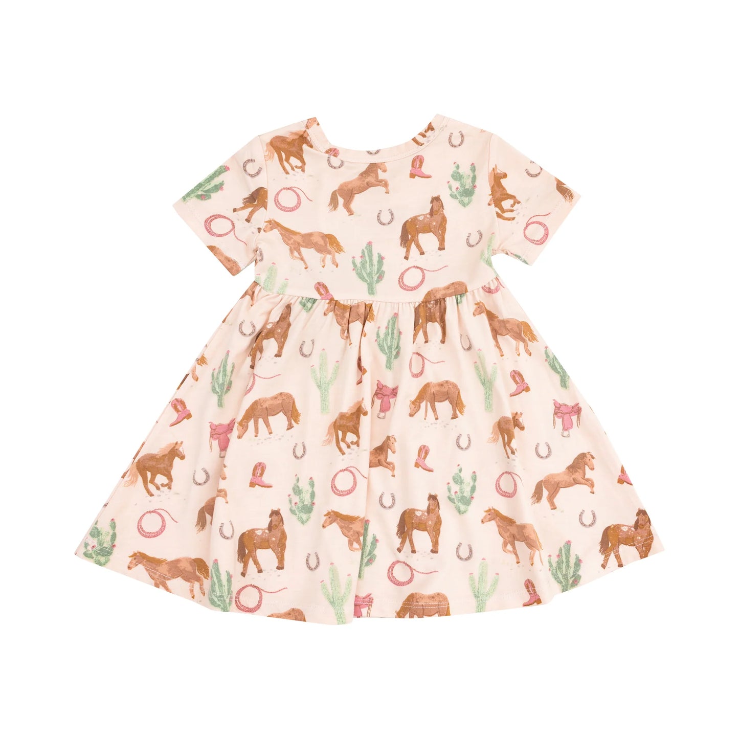 Western Horses Pink Short Sleeve Twirly Dress back view
