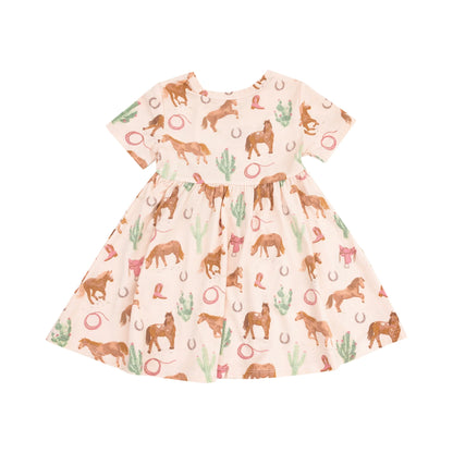 Western Horses Pink Short Sleeve Twirly Dress back view