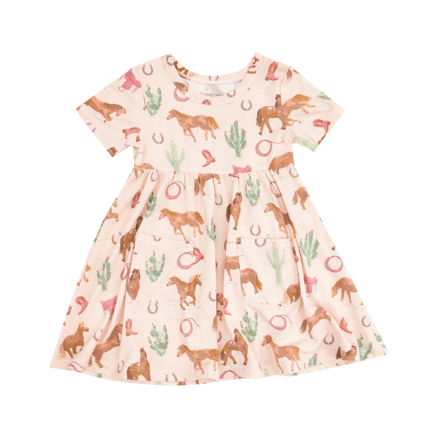 Western Horses Pink Short Sleeve Twirly Dress