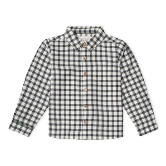 Makemake Organics Collared Long Sleeve Shirt in Charcoal Plaid