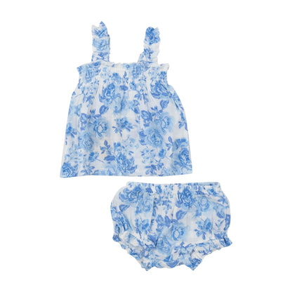 Ruffly Strap Top And Bloomer Set, Roses in Blue