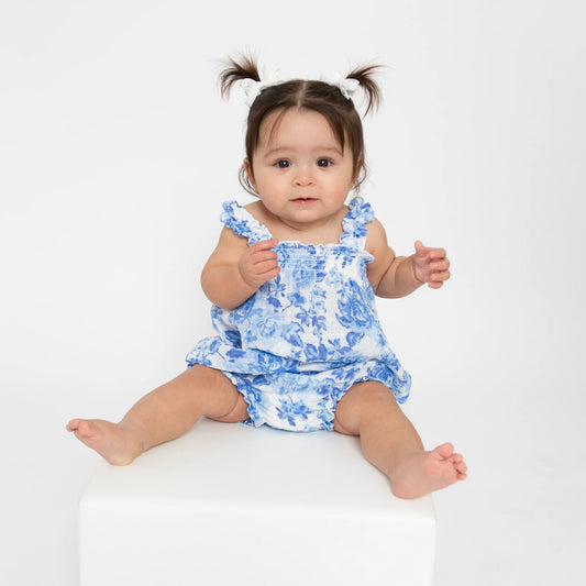 Ruffly Strap Top And Bloomer Set, Roses in Blue