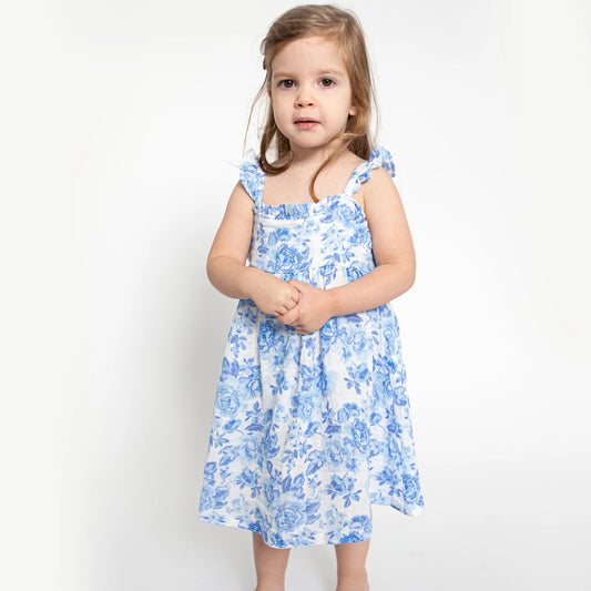 Paperbag Ruffle Sundress, Roses in Blue