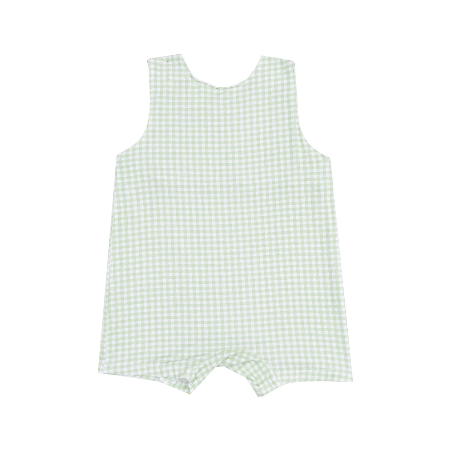 Sleeveless Shortie Easter Romper - Mini Gingham Green with Baby Chick Appliqué