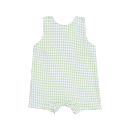 Sleeveless Shortie Easter Romper - Mini Gingham Green with Baby Chick Appliqué