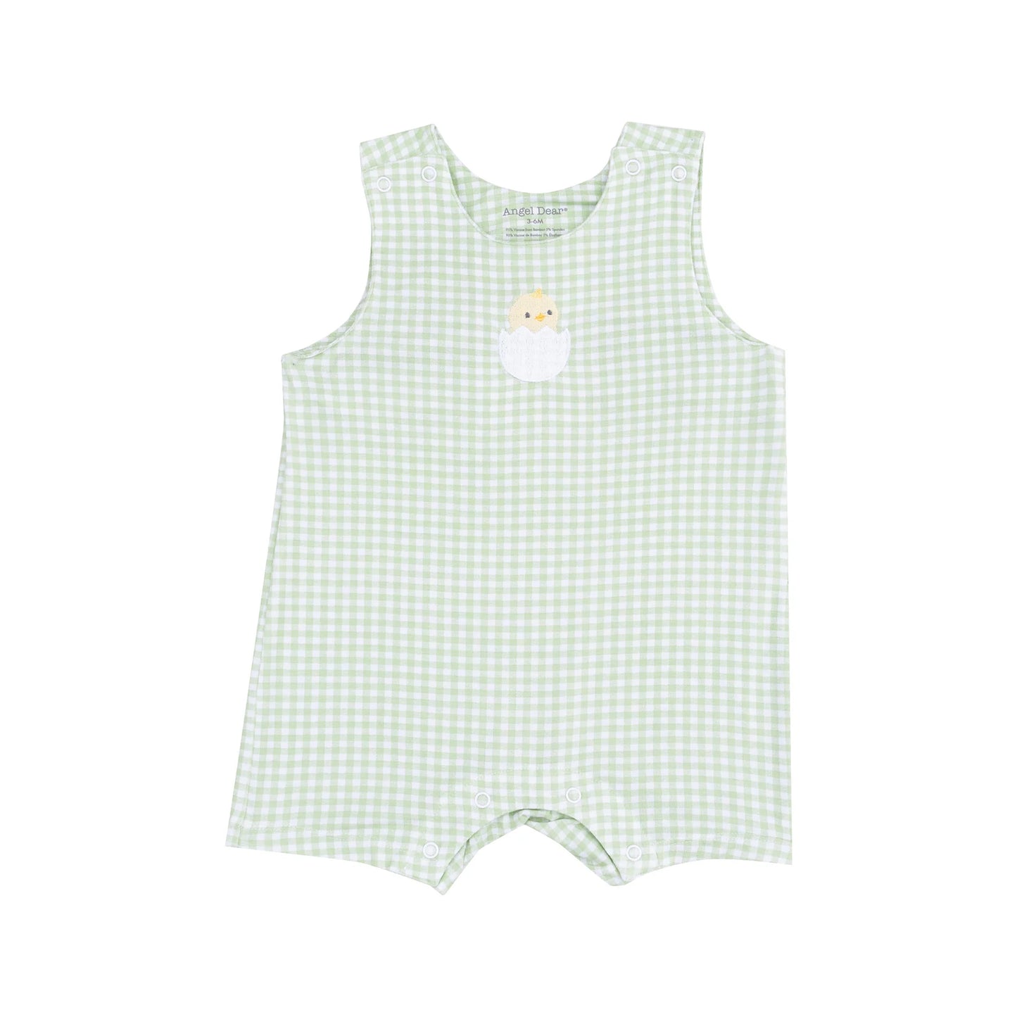 Sleeveless Shortie Easter Romper - Mini Gingham Green with Baby Chick Appliqué