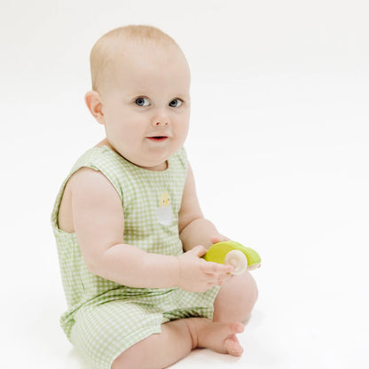 Sleeveless Shortie Easter Romper - Mini Gingham Green with Baby Chick Appliqué